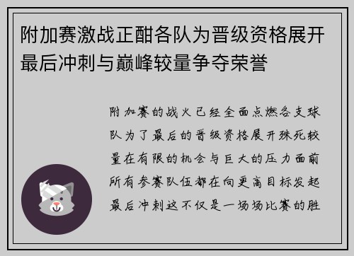 附加赛激战正酣各队为晋级资格展开最后冲刺与巅峰较量争夺荣誉